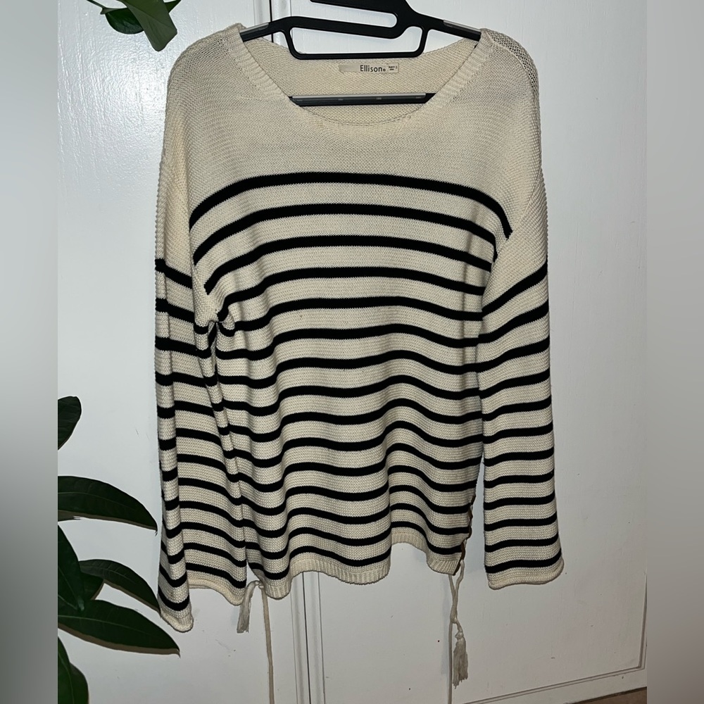 Ellison Sweater Off White and Black Striped Lace Up Side Womens Small